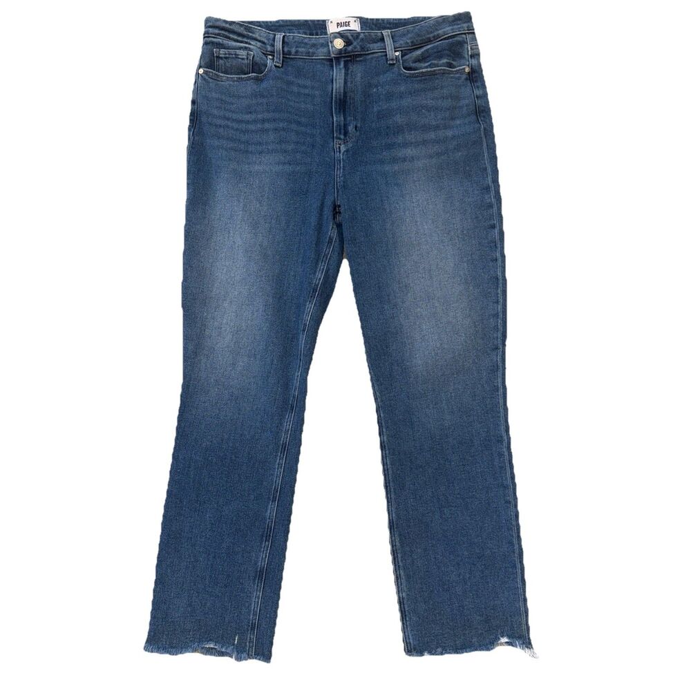 Paige Cindy Jeans Women’s 33 Straight Leg High Rise Raw Hem Whiskered Denim Blue